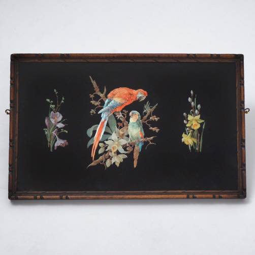 Art Deco reverse painting on glass with foil, parrots, 1930’s ca, English